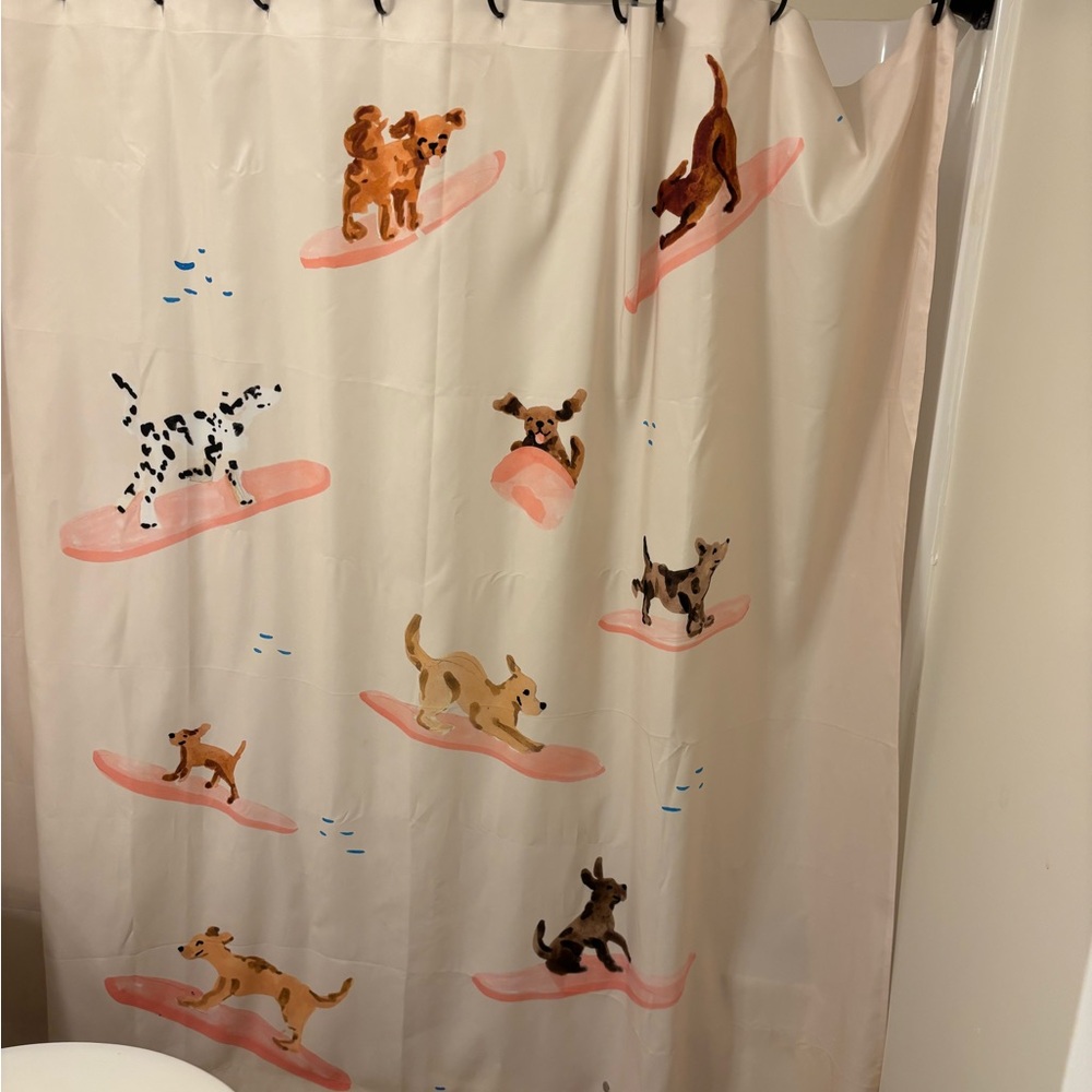 URBAN OUTFITTERS- Sabina Fenn Illustration Dogs Surfing Shower Curtain - Picture 5 of 12